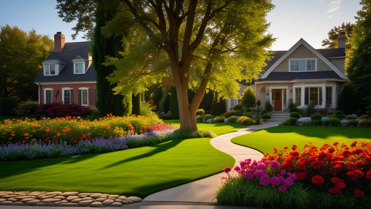 Illustration for an example listing: two houses behind a lawn and flower beds