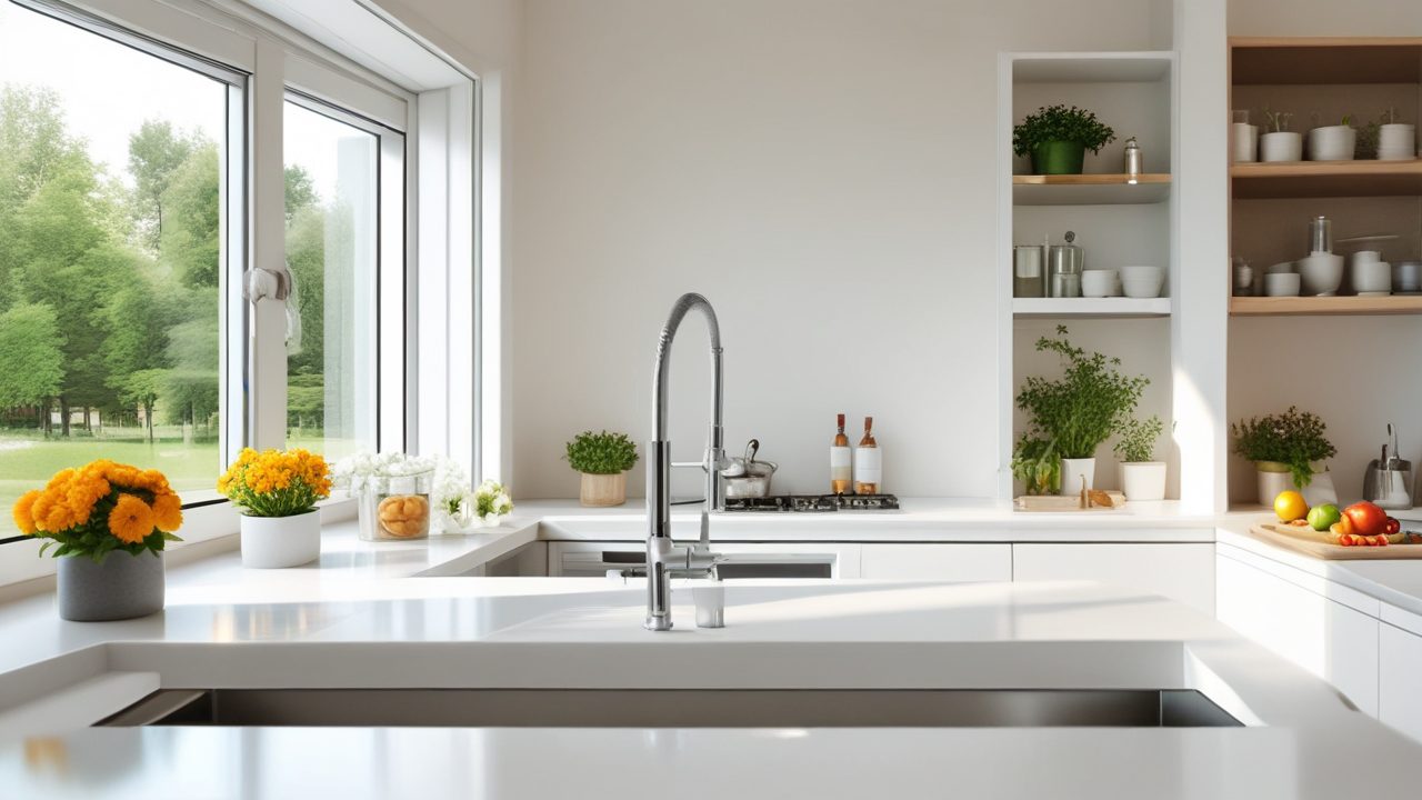 Illustration for an example listing: a bright kitchen with a window over the sink