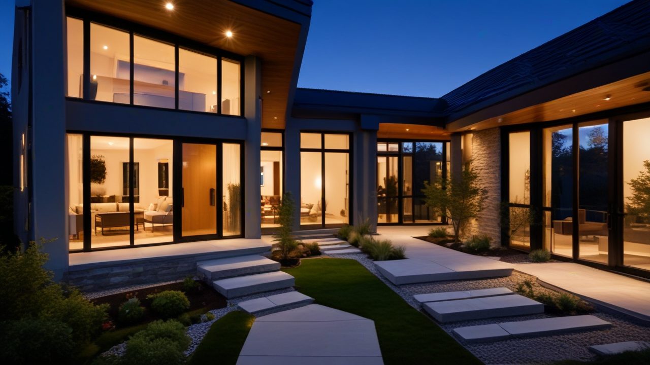 Illustration for an example listing: a house with lit windows at dusk