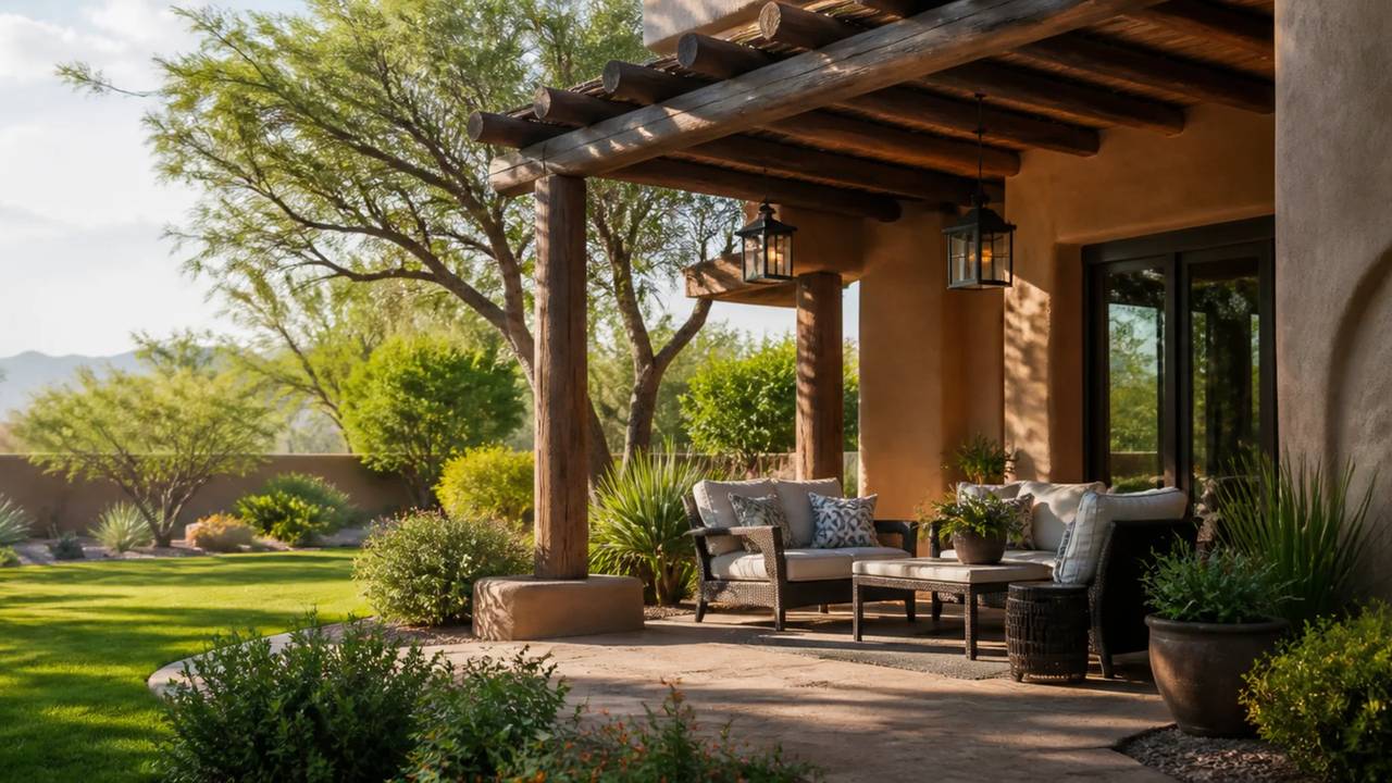 Illustration for an example listing: a covered back porch with outdoor sofas beside a lawn